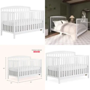 White Sustainable Pine Baby Crib, Converts to Toddler, Day & Full Bed, 3 Mattress Heights