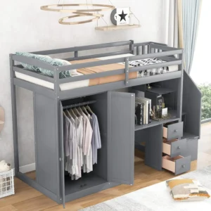 Twin High Loft Bed with Desk, Wardrobe and Staircase for Kids Solid Wood Loft Bunk Bed with Storage Cabinet