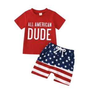 0-3Years Toddler Boys 4th of July Outfits Short Sleeve Letter Print T-Shirts Knot Front Shorts Set