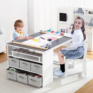 Toddler Craft and Play Wood Activity Table with Storage Bins, Drawing Desk, Study Table & Crafts for