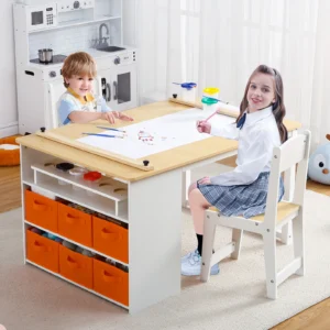 Kids Art Table and 2 Chairs,Toddler Craft and Play Wood Activity Table with Storage Bins, Drawing Desk, Study Table & Crafts for