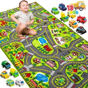 JOYFY Carpet Playmat w/ 12 Cars Pull-Back Vehicle Set for Kids Age 3+ Jumbo Play Room Rug City Pretend Play Multiple Color