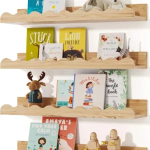 Set of 4 Wood Floating Bookshelves for Kids Room - Wall Mount Nursery Storage & Picture Ledge