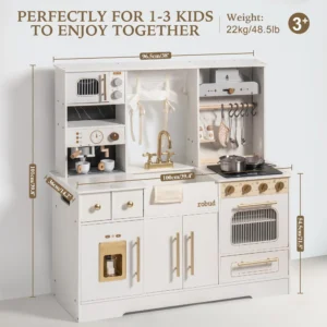 Wooden Play Kitchen with Wash basin Cookware Accessories, and Microwave for Boys Girls 3+ Black White