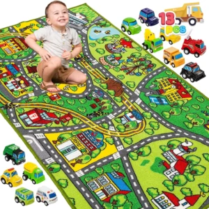 JOYFY Carpet Playmat w/ 12 Cars Pull-Back Vehicle Set for Kids Age 3+ Jumbo Play Room Rug City Pretend Play Multiple Color